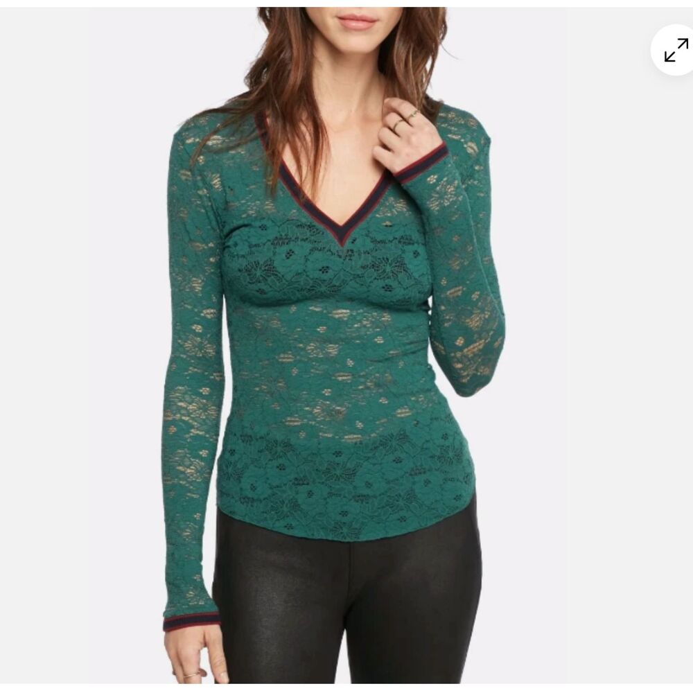 Women Free People V Neck Lace Stretch Long Sleeve Dark Green Size Medium Boho